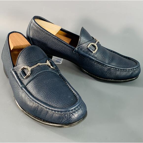 GUCCI Size 12 Navy Silver Pebble Grain Leather Horsebit Loafers - Picture 1 of 7